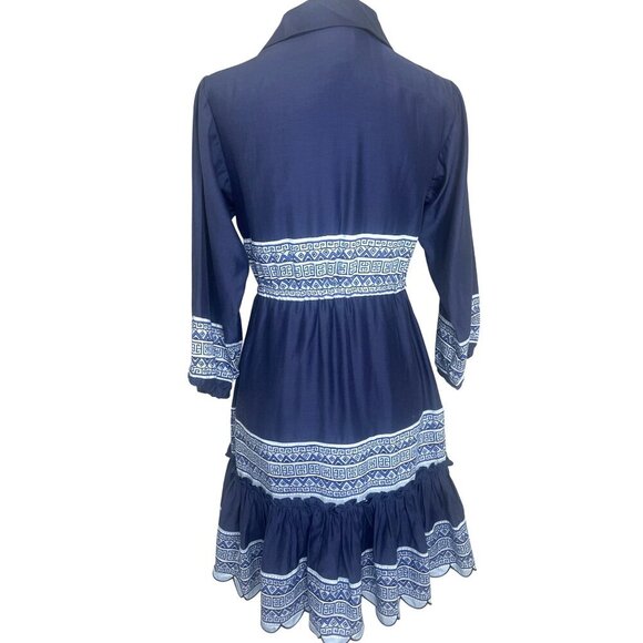 STS Sail to Sable Silk Blend Scallop Hem Long Sleeve Navy Blue Shirt Dress SM - Picture 2 of 11